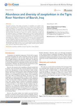 Abundance and Diversity of Zooplankton in the Tigris River Northern of Basrah, Iraq