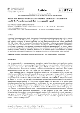 Passeriformes) and Their Zoogeographic Signal