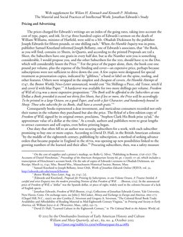 Web Supplement for Wilson H. Kimnach and Kenneth P. Minkema, the Material and Social Practices of Intellectual Work: Jonathan Edwards’S Study Pricing and Advertising