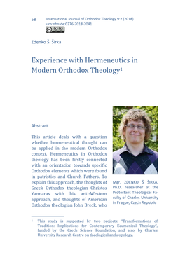 Experience with Hermeneutics in Modern Orthodox Theology1