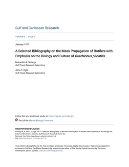 A Selected Bibliography on the Mass Propagation of Rotifers with Emphasis on the Biology and Culture of Brachionus Plicatilis