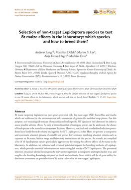 Selection of Non-Target Lepidoptera Species to Test Bt Maize Effects in the Laboratory: Which Species and How to Breed Them?