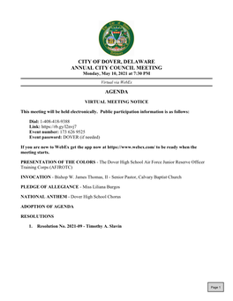 CITY of DOVER, DELAWARE ANNUAL CITY COUNCIL MEETING Monday, May 10, 2021 at 7:30 PM