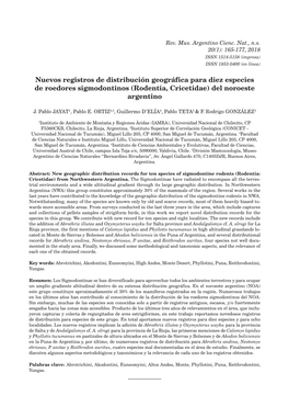 Nuevos Registros De Distribución Geográfica Para Diez Especies De Roedores Sigmodontinos (Rodentia, Cricetidae) Del Noroeste Argentino