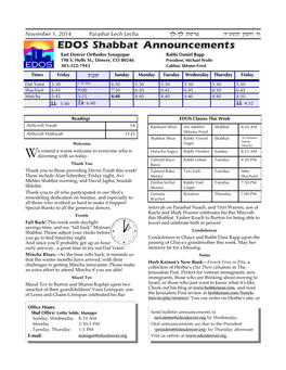 EDOS Shabbat Announcements East Denver Orthodox Synagogue Rabbi Daniel Rapp 198 S