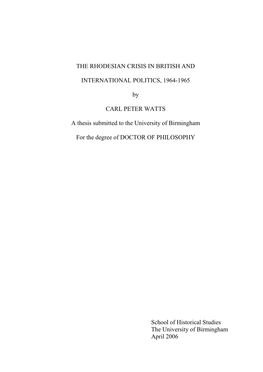 The Rhodesian Crisis in British and International Politics, 1964-1965