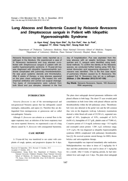 Lung Abscess and Bacteremia Caused by Neisseria Flavescens and Streptococcus Sanguis in Patient with Idiopathic Hypereosinophilic Syndrome