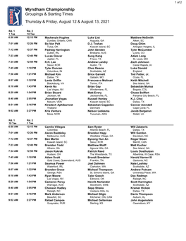 Wyndham Championship Groupings & Starting Times Thursday & Friday, August 12 & August 13, 2021