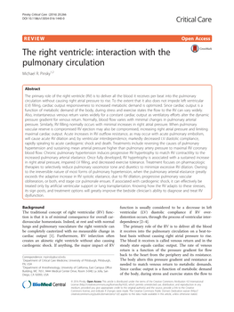 The Right Ventricle: Interaction with the Pulmonary Circulation Michael R