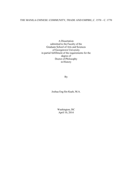 The Manila Chinese: Community, Trade and Empire, C. 1570 – C. 1770