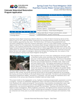 Spring Creek Fire Flood Mitigation 2020 Huerfano County Water Conservancy District Colorado Watershed Restoration January 2020 Board Meeting