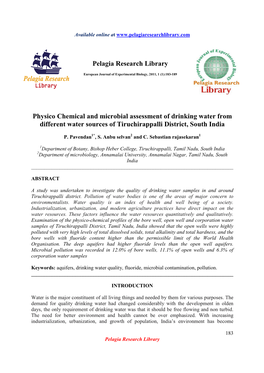 Pelagia Research Library Physico Chemical and Microbial Assessment of Drinking Water from Different Water Sources of Tiruchirapp