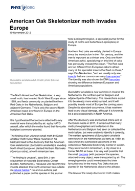 American Oak Skeletonizer Moth Invades Europe 19 November 2012