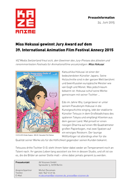 Miss Hokusai Gewinnt Jury Award Auf Dem 39. International Animation Film Festival Annecy 2015