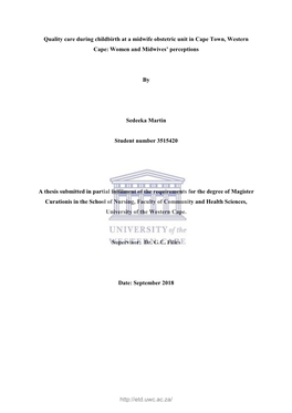 Quality Care During Childbirth at a Midwife Obstetric Unit in Cape Town, Western Cape: Women and Midwives’ Perceptions