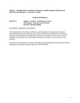 1 Minutes – Standing Policy Committee on Property and Development, Heritage and Downtown Development – November 16, 2020