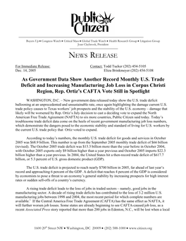 As Government Data Show Another Record Monthly U.S. Trade Deficit and Increasing Manufacturing Job Loss in Corpus Christi Region, Rep