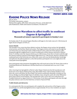 Eugene Marathon to Affect Traffic in Southeast Eugene & Springfield