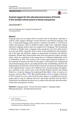 Societal Support for the Educational Provisions of Finnish in the Swedish School System in Theory and Practice