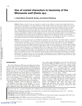 Use of Cranial Characters in Taxonomy of the Minnesota Wolf (Canis Sp.)