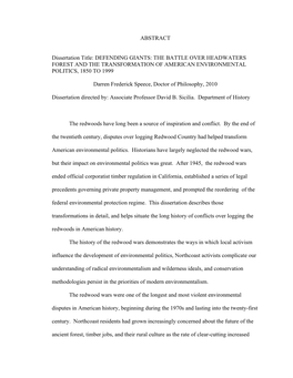 The Battle Over Headwaters Forest and the Transformation of American Environmental Politics, 1850 to 1999