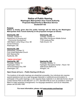 Notice of Public Hearing Washington Metropolitan Area Transit Authority Proposed Adjustments to Metrobus Service Docket B11-03