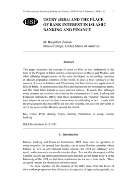 Usury (Riba) and the Place of Bank Interest in Islamic Banking And