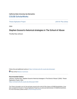 Stephen Gosson's Rhetorical Strategies in the School of Abuse