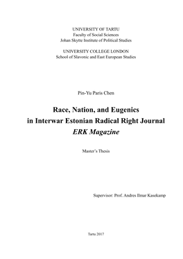 Race, Nation, and Eugenics in Interwar Estonian Radical Right Journal ERK Magazine