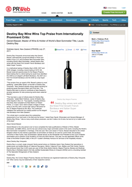 Gerard Basset, Master of Wine & Holder of World’S Best Sommelier Title, Lauds Destiny Bay Wine Imports Destiny Bay +1-650-400-5505 Email