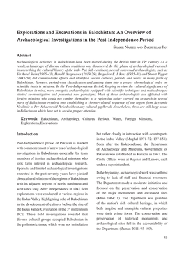 Explorations and Excavations in Balochistan: an Overview of Archaeological Investigations in the Post-Independence Period