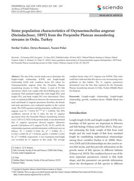 Some Population Characteristics of Oxynoemacheilus Angorae (Steindachner, 1897) from the Perºembe Plateau Meandering Streams in Ordu, Turkey