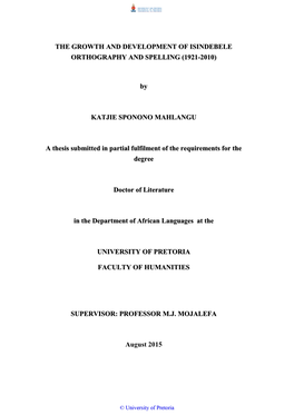 The Growth and Development of Isindebele Orthography and Spelling (1921-2010)