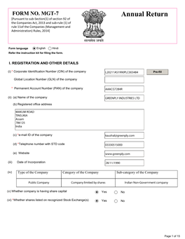 Annual Return [Pursuant to Sub-Section(1) of Section 92 of the Companies Act, 2013 and Sub-Rule (1) of Rule 11Of the Companies (Management And