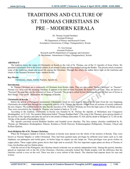 Traditions and Culture of St. Thomas Christians in Pre – Modern Kerala