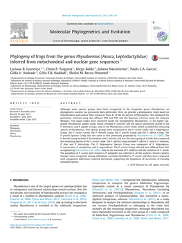 Phylogeny of Frogs from the Genus Physalaemus (Anura, Leptodactylidae) Inferred from Mitochondrial and Nuclear Gene Sequences Q ⇑ Luciana B