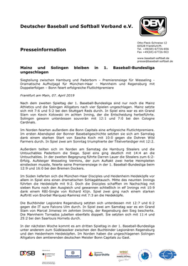 Deutscher Baseball Und Softball Verband E.V. Presseinformation