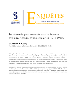 Le Réseau Du Parti Socialiste Dans Le Domaine Militaire. Acteurs, Enjeux, Stratégies (1971-1981)