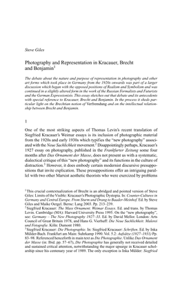 Photography and Representation in Kracauer, Brecht and Benjamin1