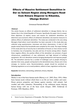 Effects of Massive Settlement Demolition in Dar Es Salaam Region Along Morogoro Road from Kimara Stopover to Kibamba, Ubungo District