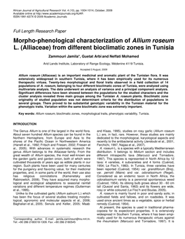 Morpho-Phenological Characterization of Allium Roseum L. (Alliaceae) from Different Bioclimatic Zones in Tunisia