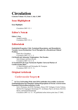 Issue Highlights: Editor's Note: Editorials: Original Articles: Cardiovascular Surgery