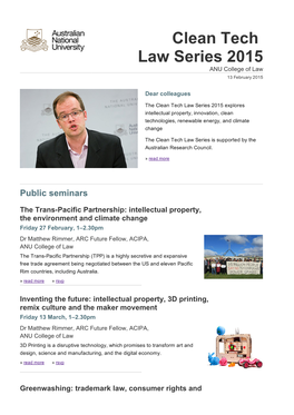 Clean Tech Law Series 2015 ANU College of Law 13 February 2015