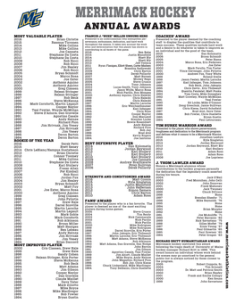Merrimack Hockey Annual Awards Most Valuable Player Francis J