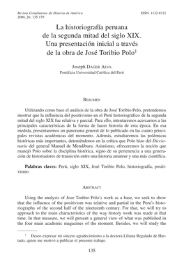 La Historiografía Peruana De La Segunda Mitad Del Siglo XIX. Una Presentación Inicial a Través De La Obra De José Toribio Polo1