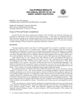 California Results 2003 Annual Report of Nc-140 Sweet Cherry Rootstock