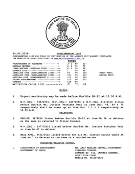 24.02.2016 MEDIATION CAUSE LIST ---> 01 to 03 NOTES 1. Urgent Mentioning May Be Made Before Hon'ble DB-II at 10.30 A