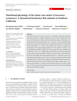 Nutritional Physiology of the Santa Ana Sucker (Catostomus Santaanae): a Threatened Freshwater Fish Endemic to Southern California