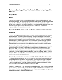 The Income Security Policies of the Australian Liberal Party in Opposition, 2007-2013