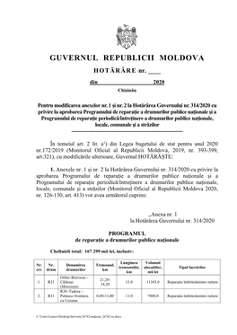 Pentru Modificarea Anexelor Nr. 1 Și Nr. 2 La Hotărârea Guvernului Nr. 314/2020 Cu Privire